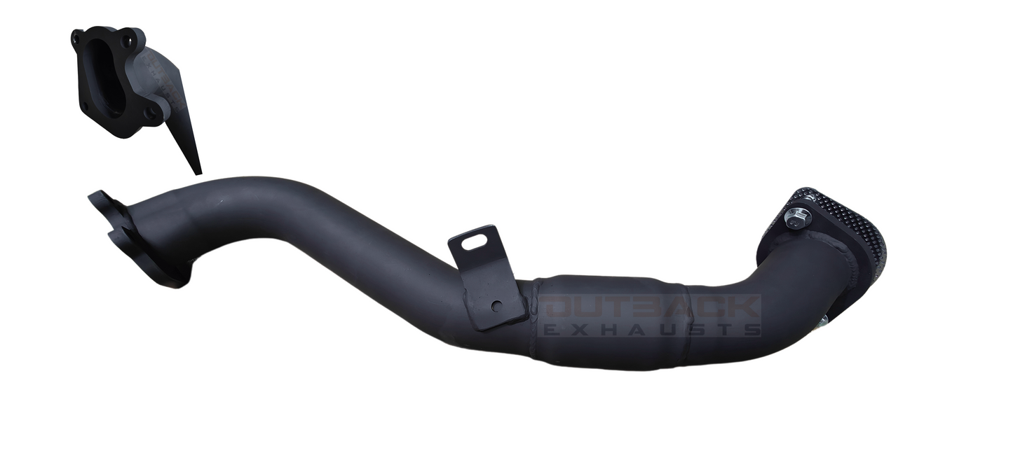 Outback Exhausts high-flow turbo dump/engine pipe for Holden Rodeo, constructed from 409 stainless steel. Features include mandrel-bent tubing for optimal exhaust flow, precision welds, laser-cut mounting brackets, and a flange connection. Includes an image which clearly shows the orientation of the flange on the turbo side for accurate fitment reference.