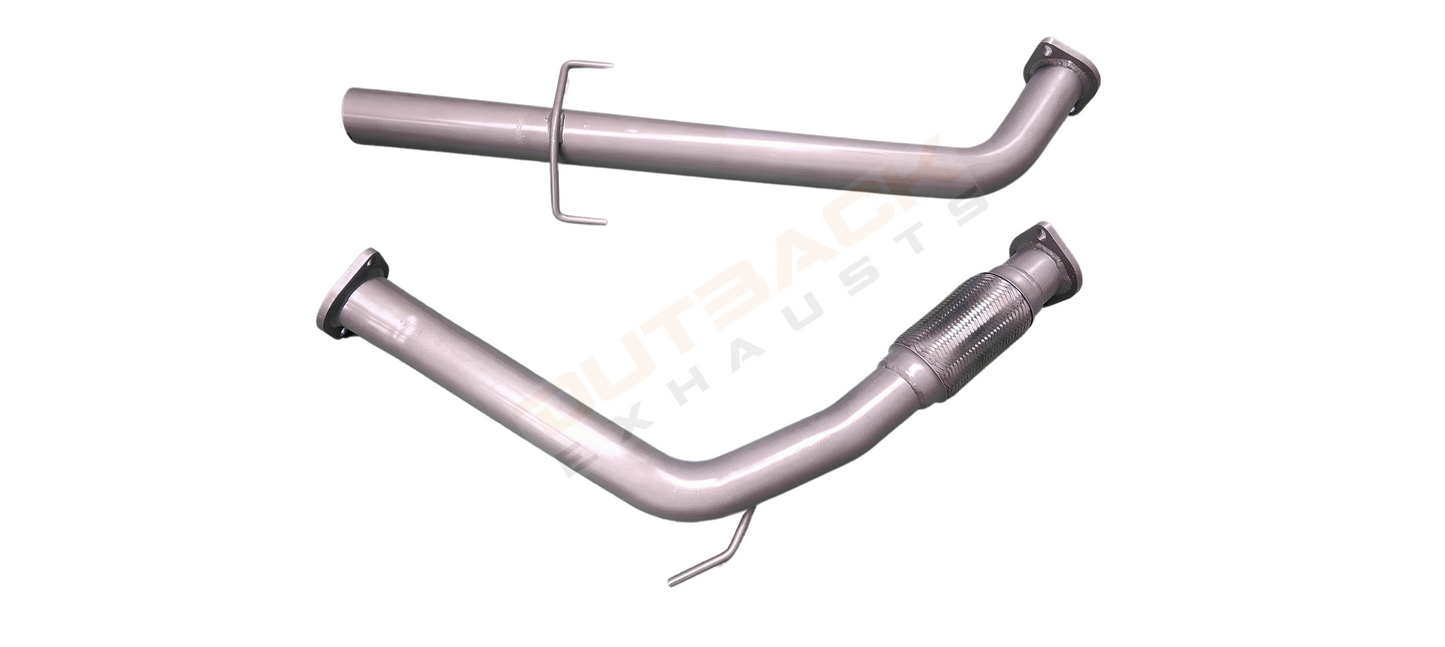 Outback Exhausts 2-piece coated 409 stainless steel connecting pipe kit for Holden Rodeo. Includes a mandrel-bent section with integrated flex joint for vibration absorption and a straight pipe with welded hangers for secure fitment. Both pipes feature laser-cut 2-Bolt flanges for precise bolt-on installation. Outback Exhausts logo appears as watermark in the centre of the picture.