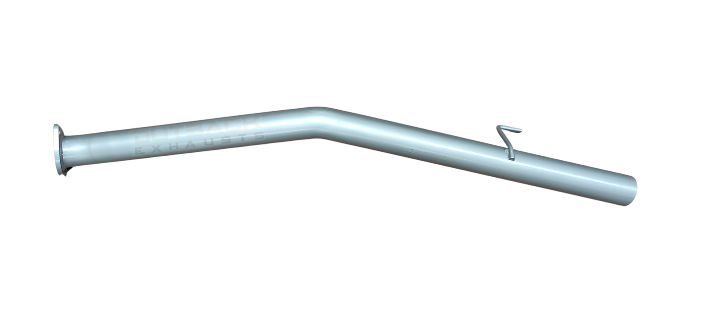 Outback Exhausts 409 stainless steel tail pipe with welded flanges and single hanger mounts. Features a polished body with the Outback Exhausts logo watermarked on the image, and an outlet pipe designed for optimal underbody clearance and sound tuning