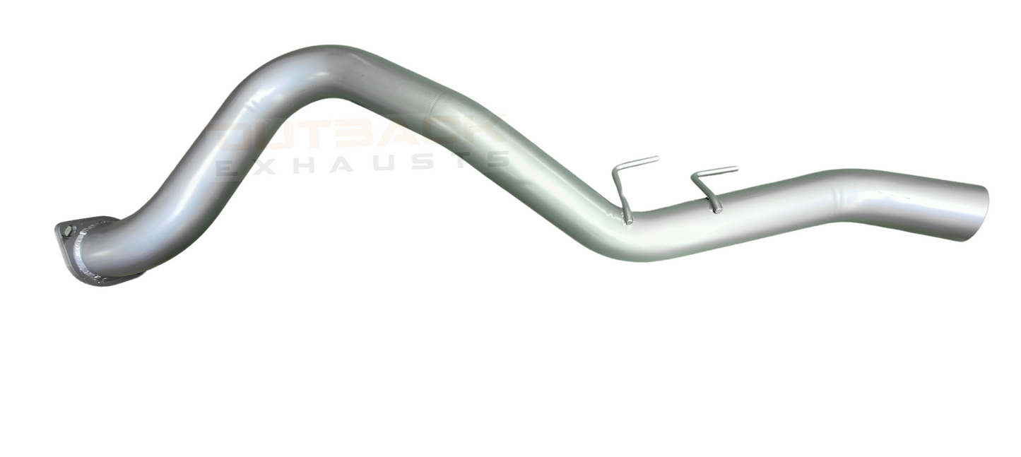Image of a 3" Outback Exhausts 409 stainless steel side exit tail pipe with a welded flange and two hanger mounts for secure fitment designed to suit a Holden RC Colorado 3L. The pipe features a polished finish, with the Outback Exhausts logo watermarked on the image and an outlet pipe designed for optimal underbody clearance and sound tuning Tail Pipe with a side exit that is optimum for towing.