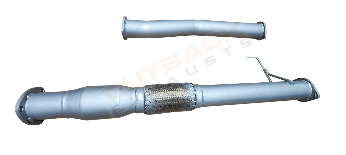 Image of a 3-inch Outback Exhausts Turbo back system designed for a Isuzu DMAX 3L Turbo Diesel Engine. The system features mandrel-bent 409 stainless steel pipes with welded flanges at both ends and mounting brackets. One of the pipes includes a muffler. The image also includes both 3-bolt/2-bolt, gaskets, and fasteners. The system is displayed against a wooden background . SKU OE1691-S.