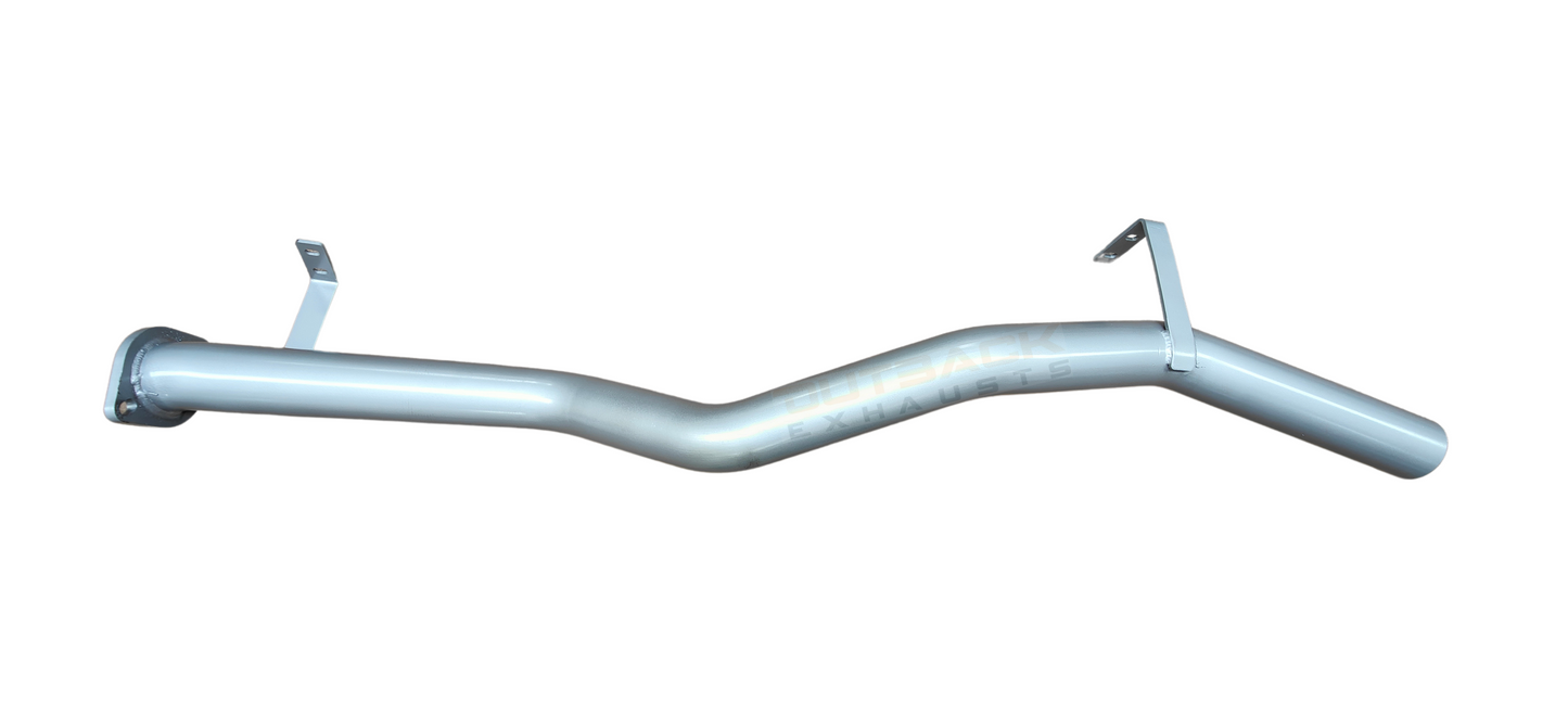 Image of a 2.5 inch Outback Exhausts manifold back system designed for a 75 Series Toyota Landcruiser Naturally Aspirated Ute 1HZ 4.2L 6CYL. The system features mandrel bent 409 Stainless Steel pipes and muffler displayed against a transparent background. SKU OE4411-S