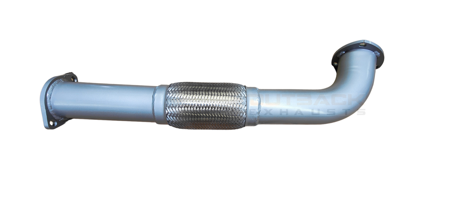 Image of a 3-inch Outback Exhaust Turbo back system designed for 79 Series Toyota Landcruiser 1HZ Naturally Aspirated DTS Turbo upgraded Engine. The system features mandrel bent 409 stainless steel pipes and a resonator displayed on a transparent background. Outback Exhausts logo is positioned in the bottom left corner. SKU: OE4661-S.
