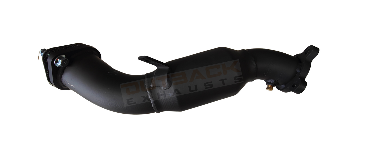 Image of a 3.5 inch Outback Exhausts Turbo back system designed for a 200-Series-Toyota-Landcruiser-4.5L V8 Turbo Diesel. The system features mandrel-bent 409 stainless steel pipes with welded flanges at both ends and mounting brackets. One of the pipe includes a resonator. The system is displayed against a transparent background with Outback Exhausts logo watermarked in the centre. SKU OE4710-S35.