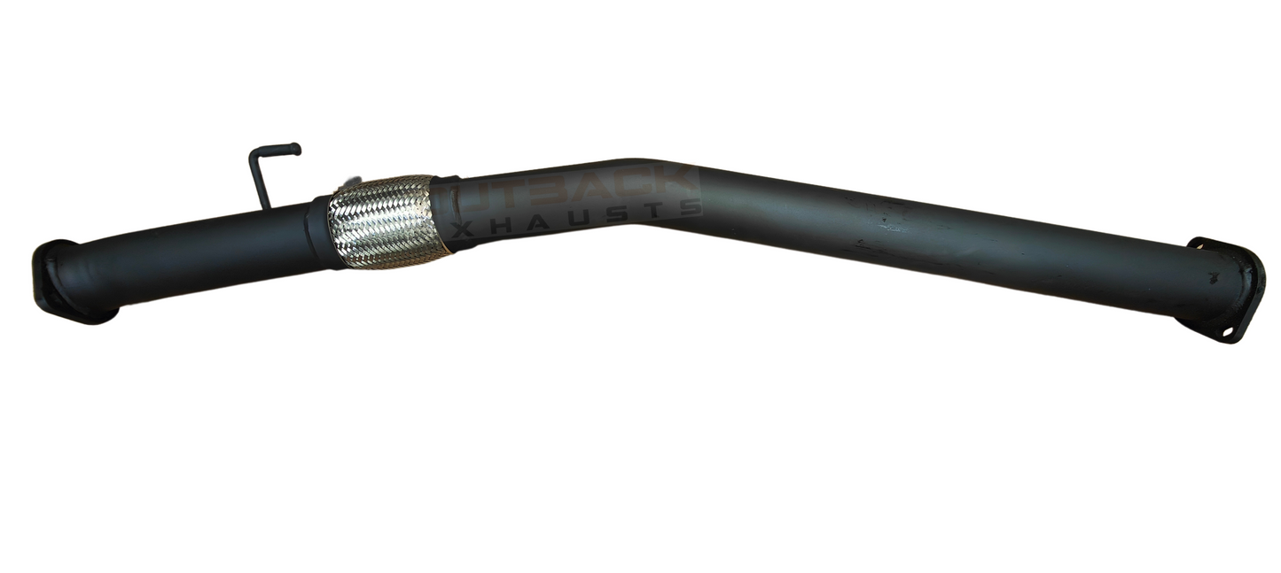 Image of a 3.5 inch Outback Exhausts Turbo back system designed for a 200-Series-Toyota-Landcruiser-4.5L V8 Turbo Diesel. The system features mandrel-bent 409 stainless steel pipes with welded flanges at both ends and mounting brackets. One of the pipe includes a resonator. The system is displayed against a transparent background with Outback Exhausts logo watermarked in the centre. SKU OE4710-S35.