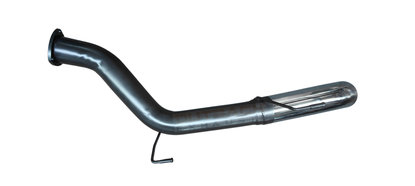Image of a 3.5 inch Outback Exhausts Turbo back system designed for a 200-Series-Toyota-Landcruiser-4.5L V8 Turbo Diesel. The system features mandrel-bent 409 stainless steel pipes with welded flanges at both ends and mounting brackets. One of the pipe includes a resonator. The system is displayed against a transparent background with Outback Exhausts logo watermarked in the centre. SKU OE4710-S35.