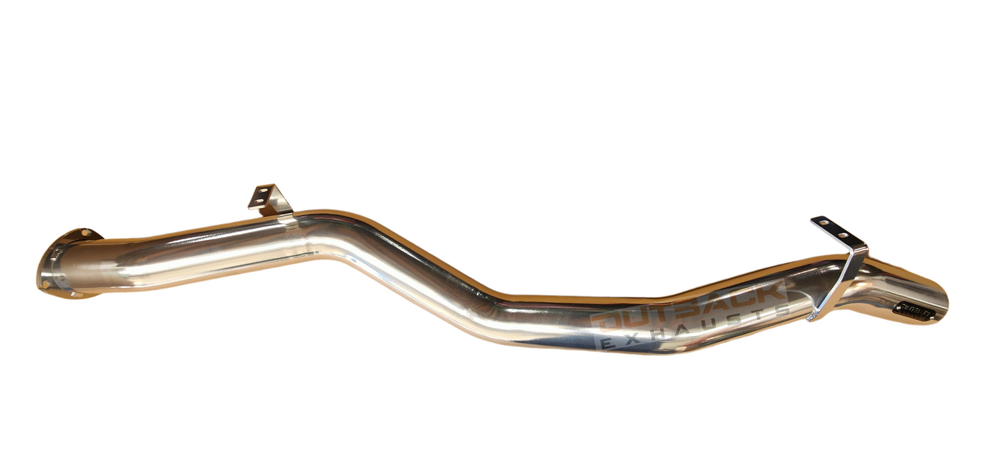 Image of a 3.5 inch Cerra Chrome coated mandrel-bent 409 stainless steel Tail pipe for a 79 Series Toyota Landcruiser Double Cab 4.5L V8 Turbo Diesel Engine. The Tail pipe features the Outback Exhausts logo.
