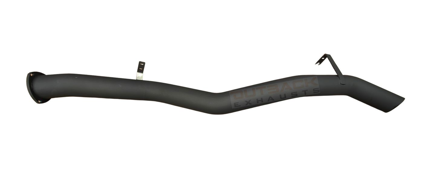 Image of a 3.5 inch Outback Exhausts DPF back system designed for a 78 Series Toyota Landcruiser Troopcarrier Wagon 4.5L V8 Turbo Diesel Engine . The system features mandrel-bent 409 stainless steel pipes with welded flanges at both ends and mounting brackets. It is displayed against a transparent background, with the Outback Exhausts logo watermarked in the centre. SKU OE4616-S35.