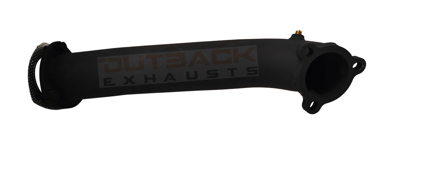 Image of a 3-inch Outback Exhaust Turbo back system designed for 79 Series Toyota Landcruiser 1HZ Naturally Aspirated DTS Turbo upgraded Engine. The system features mandrel bent 409 stainless steel pipes and a resonator displayed on a transparent background. Outback Exhausts logo is positioned in the bottom left corner. SKU: OE4661-S.