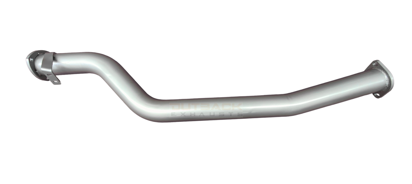 Image of a 3" Outback Exhausts 2-piece coated 409 stainless steel connecting pipe kit to suit Normally Aspirated 75 series Landcruiser 2H DTS TURBO FITTED. Includes a mandrel-bent section and a straight pipe with welded hanger for secure fitment. It features laser-cut 2-Bolt flanges for precise bolt-on installation. Outback Exhausts logo appears as watermark in the centre of the picture.