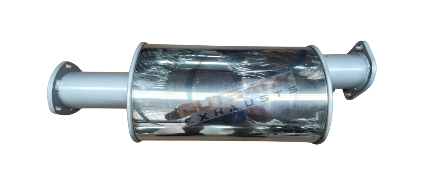 Image of a 3" Outback Exhausts 409 stainless steel performance muffler section to suit Normally Aspirated 75 series Landcruiser 2H DTS TURBO FITTED. It is mandrel-bent design and features a polished body with the Outback Exhausts logo watermarked on the image with minimal welds and three hanger mounts for improved exhaust flow and durability.