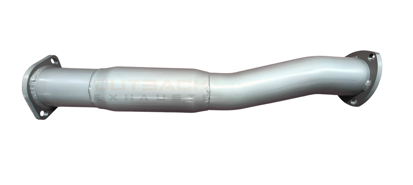 mage of a 3" Outback Exhausts 409 stainless steel performance muffler delete section to suit Normally Aspirated 75 series Landcruiser 2H DTS TURBO FITTED. It is mandrel-bent design and features a polished body with the Outback Exhausts logo watermarked on the image with minimal welds and three hanger mounts for improved exhaust flow and durability.
