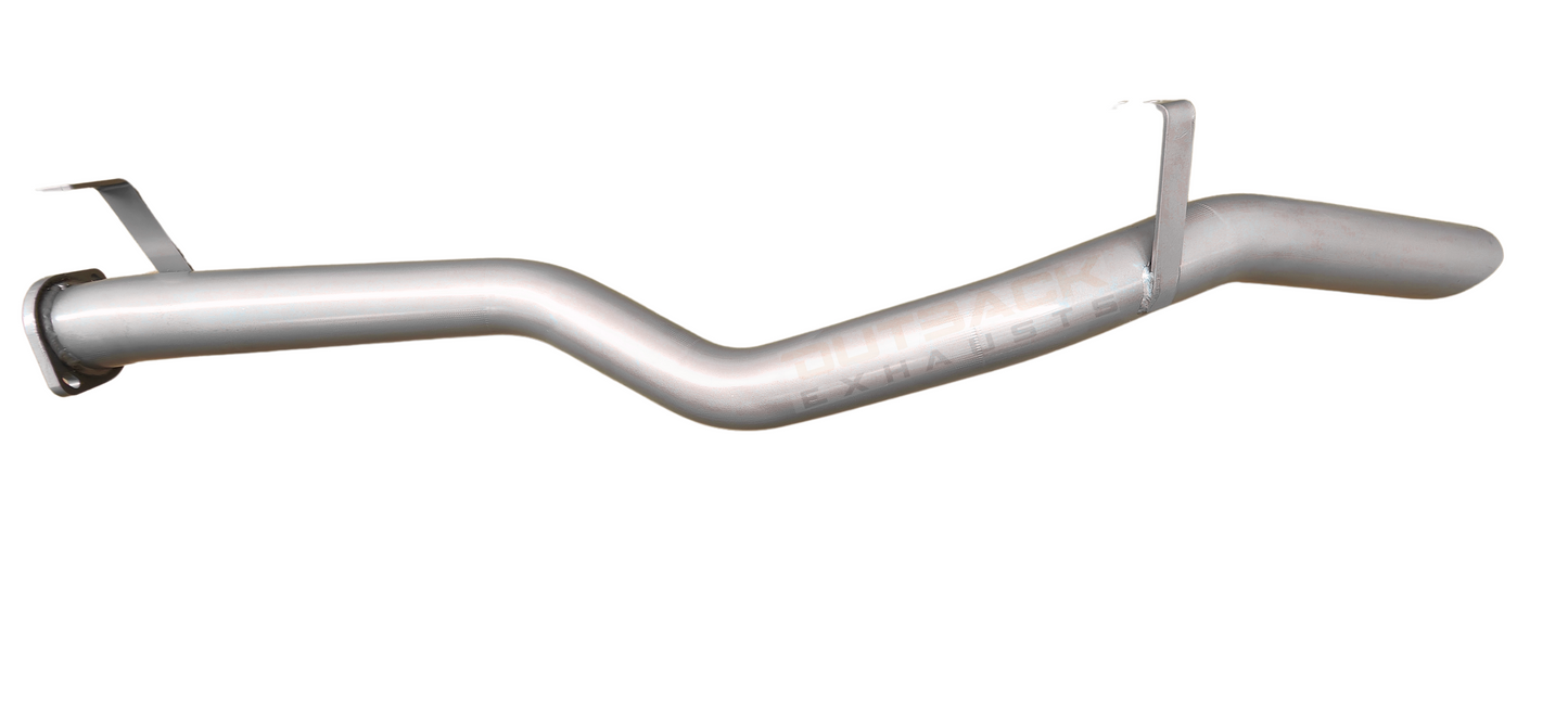 Image of a 3" Outback Exhausts 409 stainless steel tail pipe tto suit Normally Aspirated 75 series Landcruiser 2H DTS TURBO FITTED with welded flange and laser-cut mounting brackets. Features a polished body with the Outback Exhausts logo watermarked on the image, and an outlet pipe designed for optimal underbody clearance and sound tuning Tail Pipe.