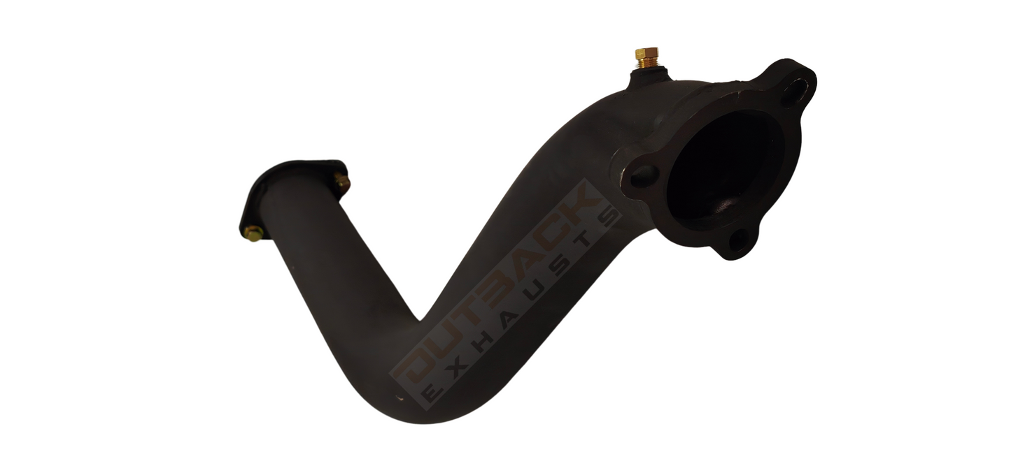 Image of a 3" Outback Exhausts high-flow turbo dump pipe to suit Normally Aspirated 75 series Landcruiser 2H DTS TURBO FITTED, constructed from coated 409 stainless steel. Features include mandrel-bent tubing for optimal exhaust flow, precision welds and a flange connection. Includes an image which clearly shows the orientation of the flange on the turbo side for accurate fitment reference with Outback Exhausts logo watermark on the image.
