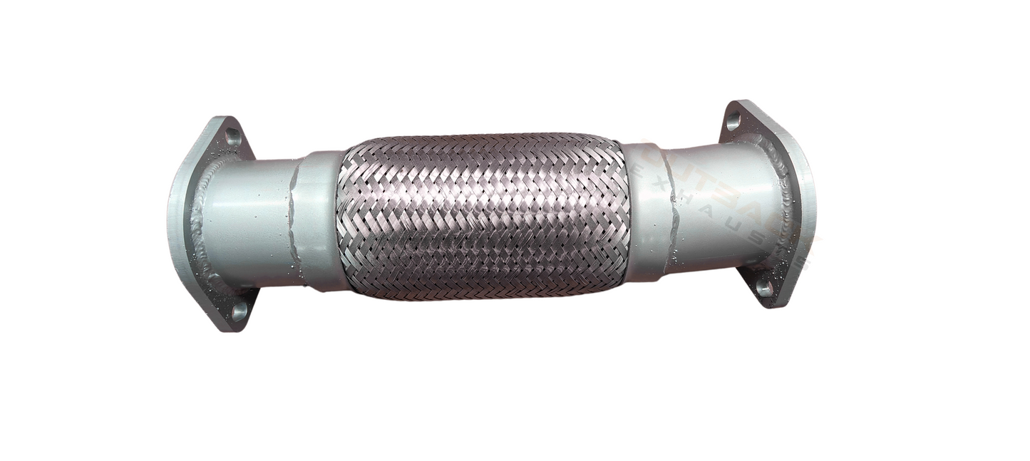 Image of a 3" Outback Exhausts coated 409 stainless steel engine pipe kit to suit Normally Aspirated 75 series Landcruiser 2H DTS TURBO FITTED. Includes a mandrel-bent section with integrated flex joint for vibration absorption for secure fitment. This pipe feature laser-cut 2-Bolt flanges for precise bolt-on installation. Outback Exhausts logo appears as watermark.