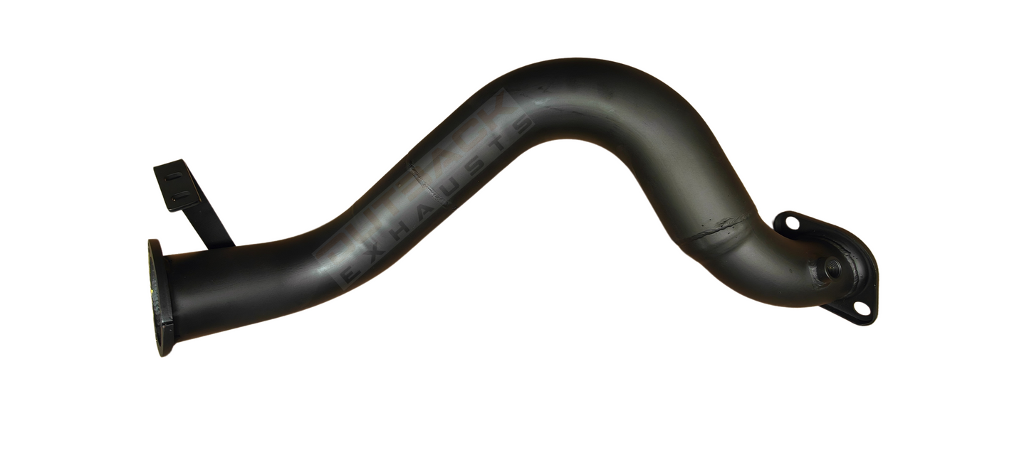 Image of a 3.5 inch Outback Exhausts DPF back system designed for a 78 Series Toyota Landcruiser Troopcarrier Wagon 4.5L V8 Turbo Diesel Engine . The system features mandrel-bent 409 stainless steel pipes with welded flanges at both ends and mounting brackets. It is displayed against a transparent background, with the Outback Exhausts logo watermarked in the centre. SKU OE4616-S35.