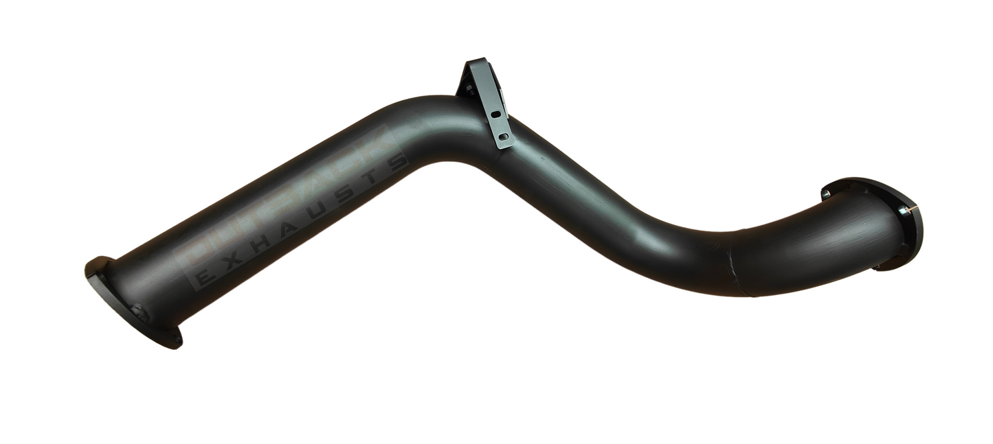 Image of a 3.5 inch Outback Exhausts DPF back system designed for a 78 Series Toyota Landcruiser Troopcarrier Wagon 4.5L V8 Turbo Diesel Engine . The system features mandrel-bent 409 stainless steel pipes with welded flanges at both ends and mounting brackets. It is displayed against a transparent background, with the Outback Exhausts logo watermarked in the centre. SKU OE4616-S35.