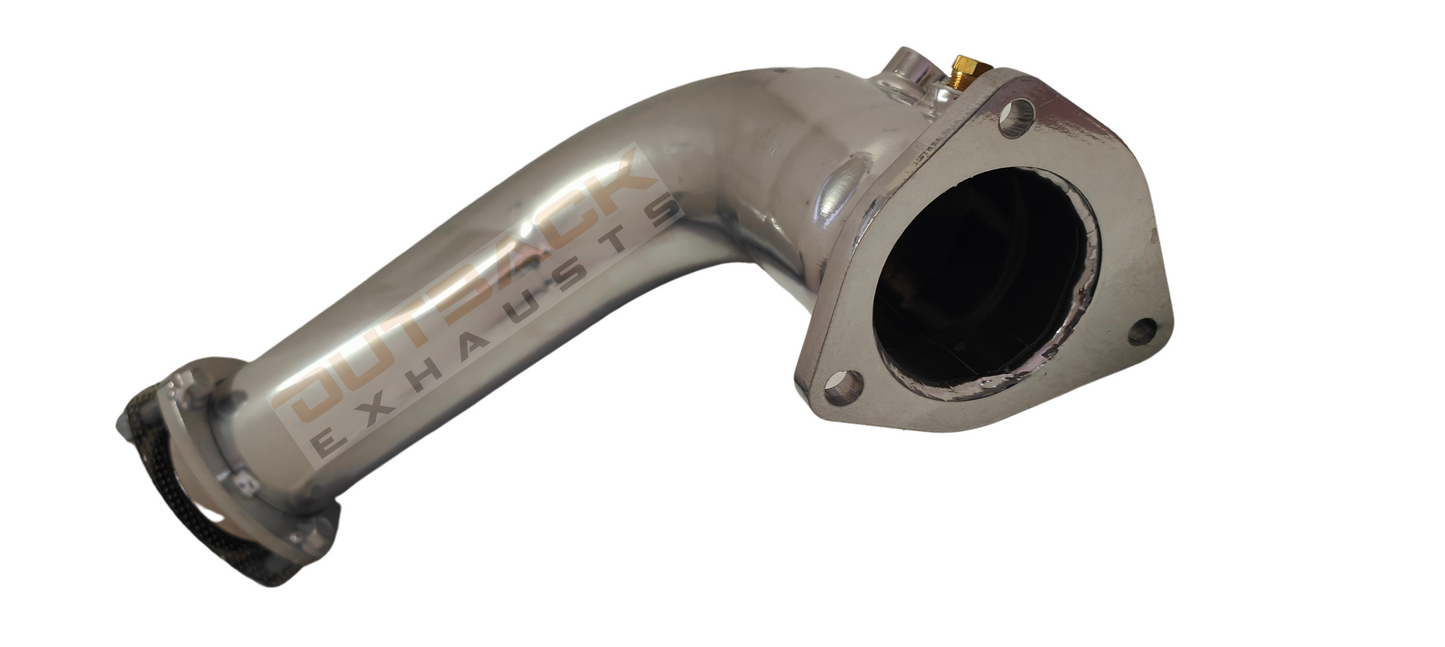 Image of a 3-inch Outback Exhaust Turbo back system designed for Nissan Navara V6 STX550 Dual Cab Turbo Diesel. The system features mandrel bent 409 stainless steel dump pipes displayed on a transparent background. SKU: OE5627-S.