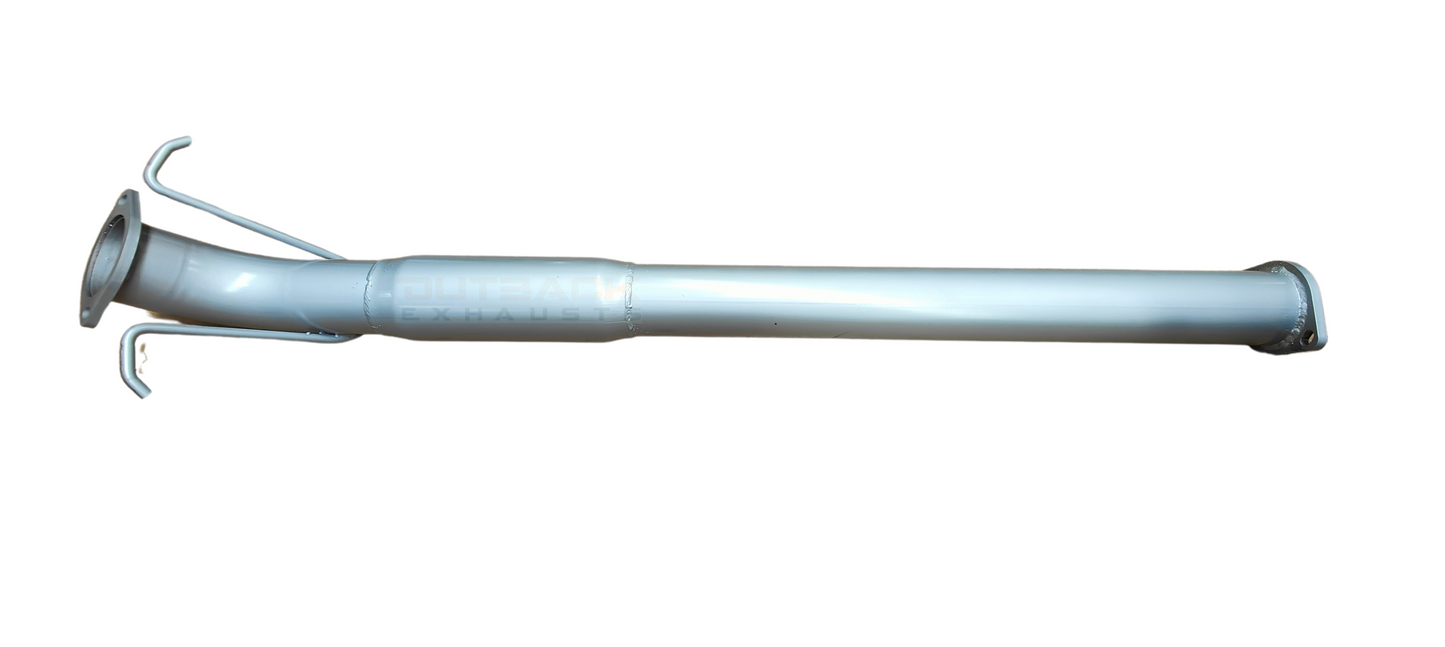 Image of a 3 inch Outback Exhausts DPF back system designed for a Ford Ranger_3.2L_5CYL_Manual/Auto Turbo diesel . The system features mandrel-bent 409 stainless steel pipes with welded flanges at both ends and mounting brackets. One of the pipe includes a muffler. The system is displayed against a transparent background with Outback Exhausts logo positioned in the bottom left corner. SKU OE6604-S.