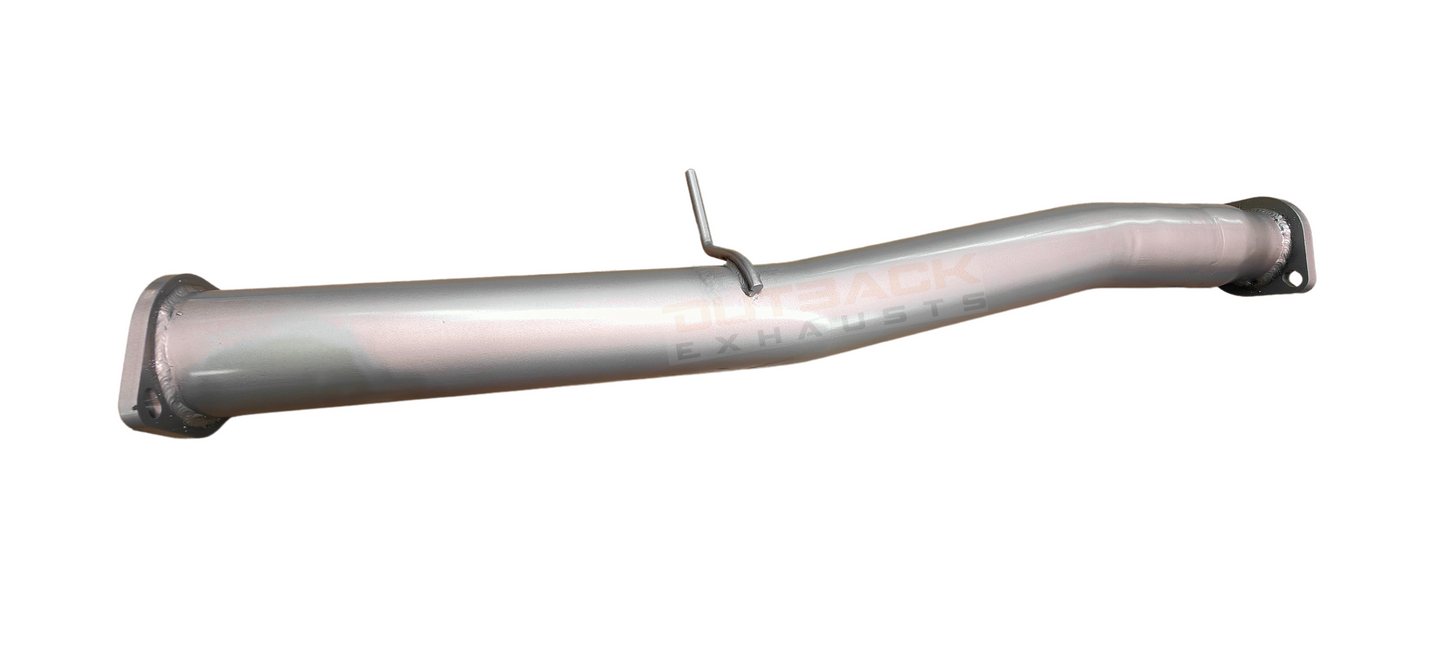 Image of a 3 inch Outback Exhausts DPF back system designed for a Ford Ranger_3.2L_5CYL_Manual/Auto Turbo diesel . The system features mandrel-bent 409 stainless steel pipes with welded flanges at both ends and mounting brackets. One of the pipe includes a muffler. The system is displayed against a transparent background with Outback Exhausts logo positioned in the bottom left corner. SKU OE6604-S.