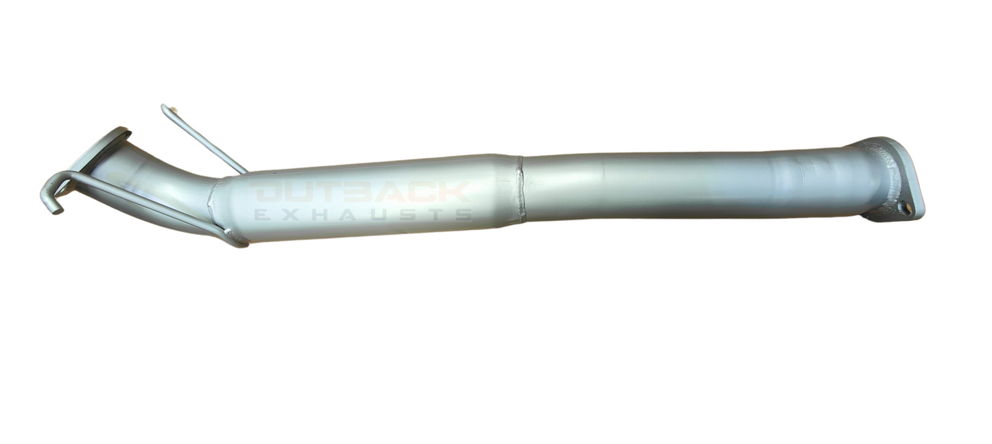 Image of a 3 inch Outback Exhausts DPF back system designed for a Mazda BT-50_3.2L_5CYL_Manual/Auto Turbo diesel . The system features mandrel-bent 409 stainless steel pipes with welded flanges at both ends and mounting brackets. One of the pipe includes a muffler. The system is displayed against a transparent background with Outback Exhausts logo positioned in the bottom left corner. SKU OE6607-S.