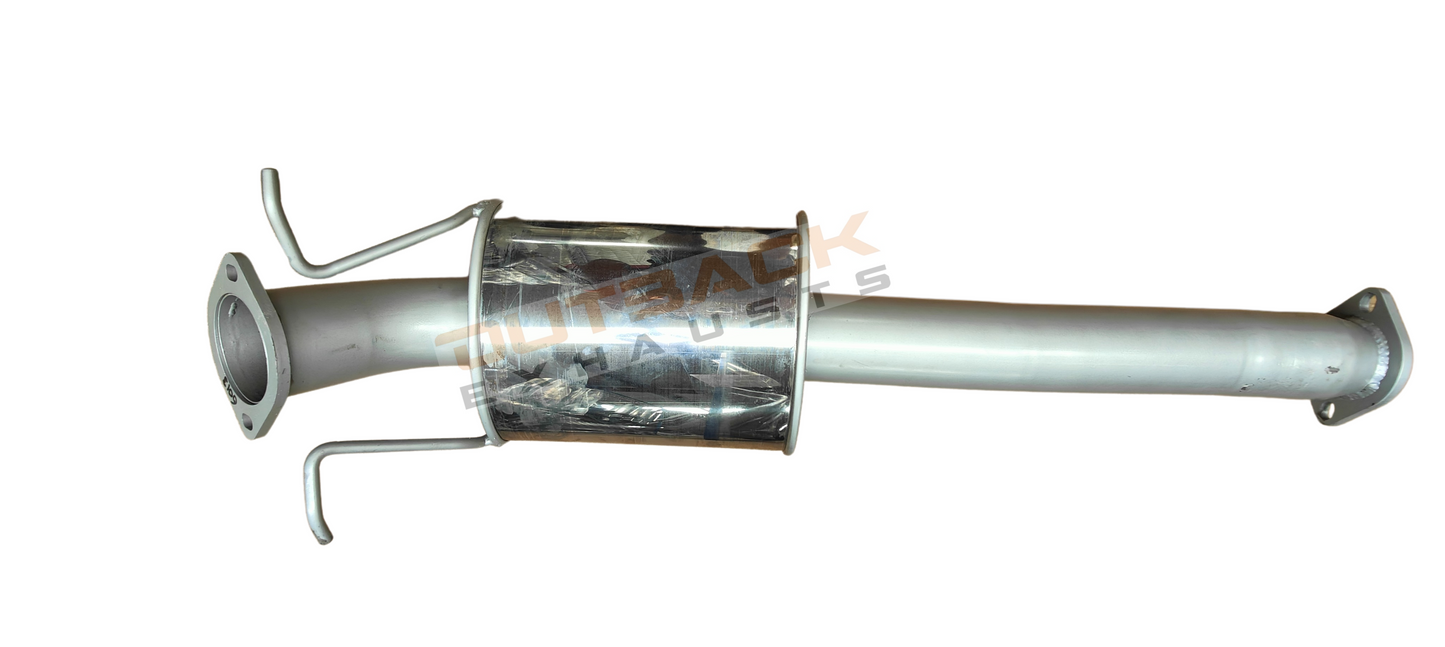 Image of a 3 inch Outback Exhausts DPF back system designed for a Mazda BT-50_3.2L_5CYL_Manual/Auto Turbo diesel . The system features mandrel-bent 409 stainless steel pipes with welded flanges at both ends and mounting brackets. One of the pipe includes a muffler. The system is displayed against a transparent background with Outback Exhausts logo positioned in the bottom left corner. SKU OE6607-S.