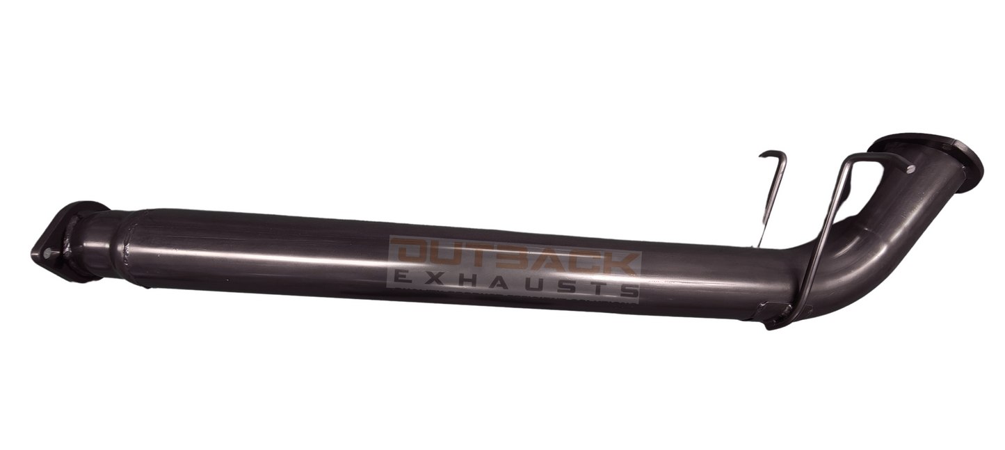 Image of a 3.5 inch Outback Exhausts DPF back system designed for a Mazda BT-50 3.2L 5CYL 2WD/4WD, SPACECAB/DUALCAB Manual/Auto . The system features mandrel bent 409 Stainless Steel pipes and resonator displayed against a transparent background with Outback Exhausts logo positioned in the bottom left corner. SKU OE6607-S35.