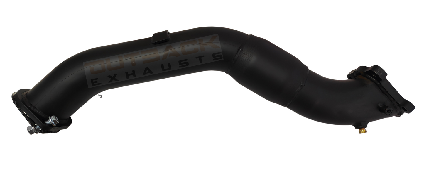 Outback Exhausts high-flow turbo dump pipe to suit 2.5Ltr 5 Cyl, Diesel, Factory Turbo Dual Cab Ford Courier, constructed from coated 409 stainless steel. Features include mandrel-bent tubing for optimal exhaust flow, precision welds and a flange connection.