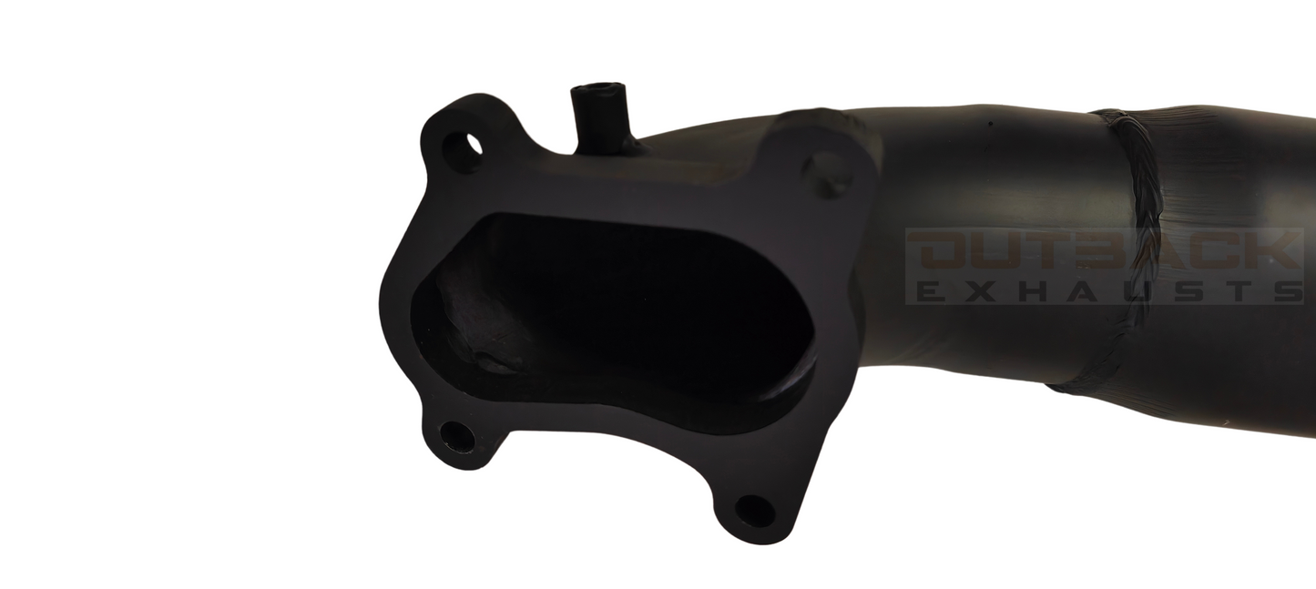 Outback Exhausts high-flow turbo dump pipe to suit 2.5Ltr 5 Cyl, Diesel, Factory Turbo Dual Cab Ford Courier, constructed from coated 409 stainless steel. Features include mandrel-bent tubing for optimal exhaust flow, precision welds and a flange connection. Includes an image which clearly shows the orientation of the flange on the turbo side for accurate fitment reference with Outback Exhausts logo watermark.