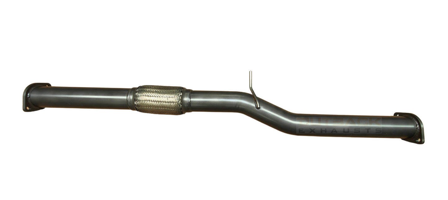 Image of a 3" Outback Exhausts coated 409 stainless steel engine pipe kit to suit 2.5Ltr 5 Cyl, Diesel, Factory Turbo Dual Cab Mazda Bravo 2500. Includes a mandrel-bent section with integrated flex joint for vibration absorption and welded hanger for secure fitment. This pipe feature laser-cut 2-Bolt flanges for precise bolt-on installation. Outback Exhausts logo appears as watermark.