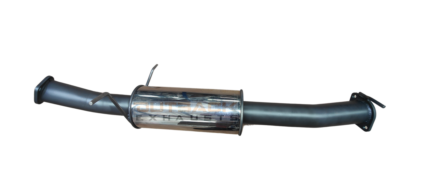 Image of a 3" Outback Exhausts 409 stainless steel performance muffler section to suit 2.5Ltr 5 Cyl, Diesel, Factory Turbo Dual Cab Mazda Bravo 2500. It is mandrel-bent design and features a polished body with the Outback Exhausts logo watermarked on the image with minimal welds and three hanger mounts for improved exhaust flow and durability.