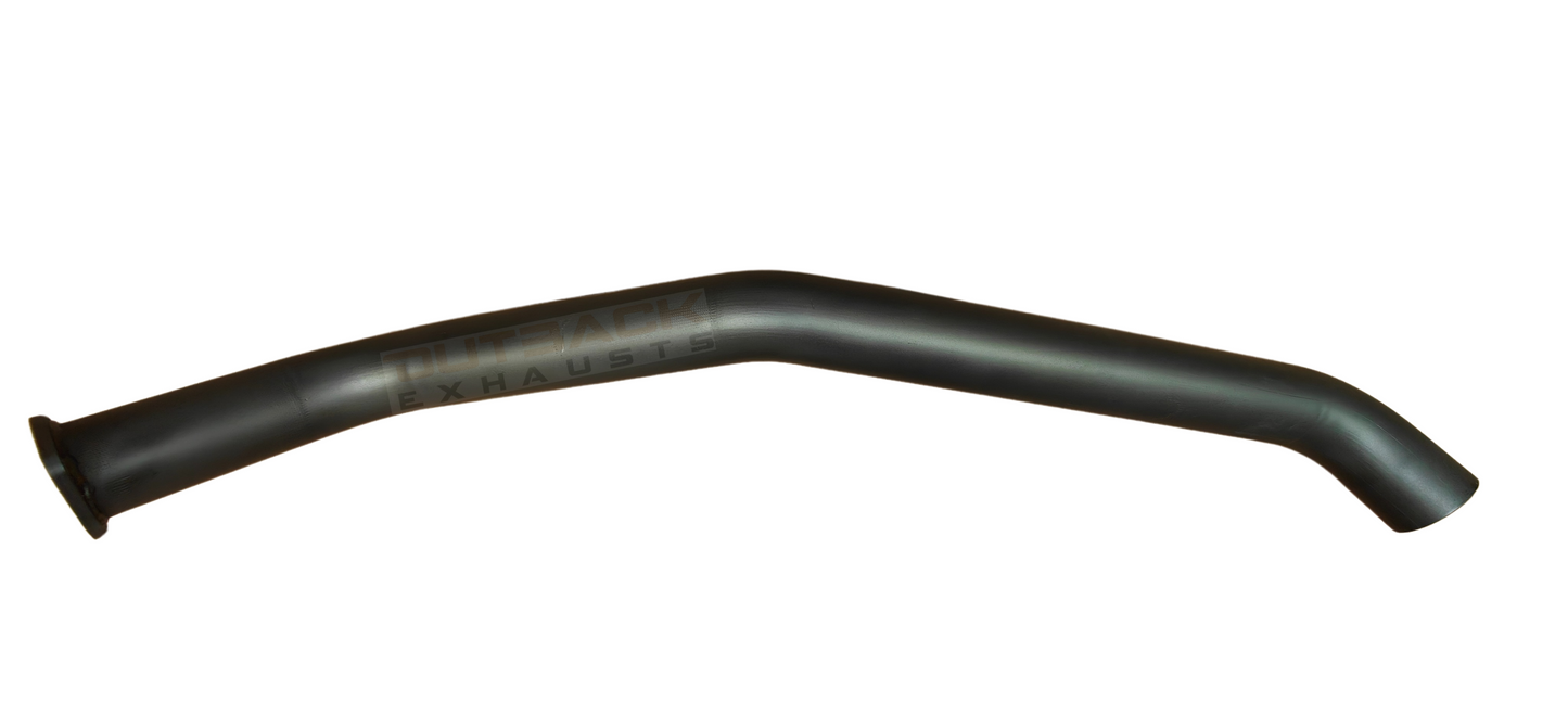 Image of a 3" Outback Exhausts 409 stainless steel tail pipe to suit 2.5Ltr 5 Cyl, Diesel, Factory Turbo Dual Cab Mazda Bravo 2500 with welded flange. Features a polished body with the Outback Exhausts logo watermarked on the image, and an outlet pipe designed for optimal underbody clearance and sound tuning Tail Pipe.