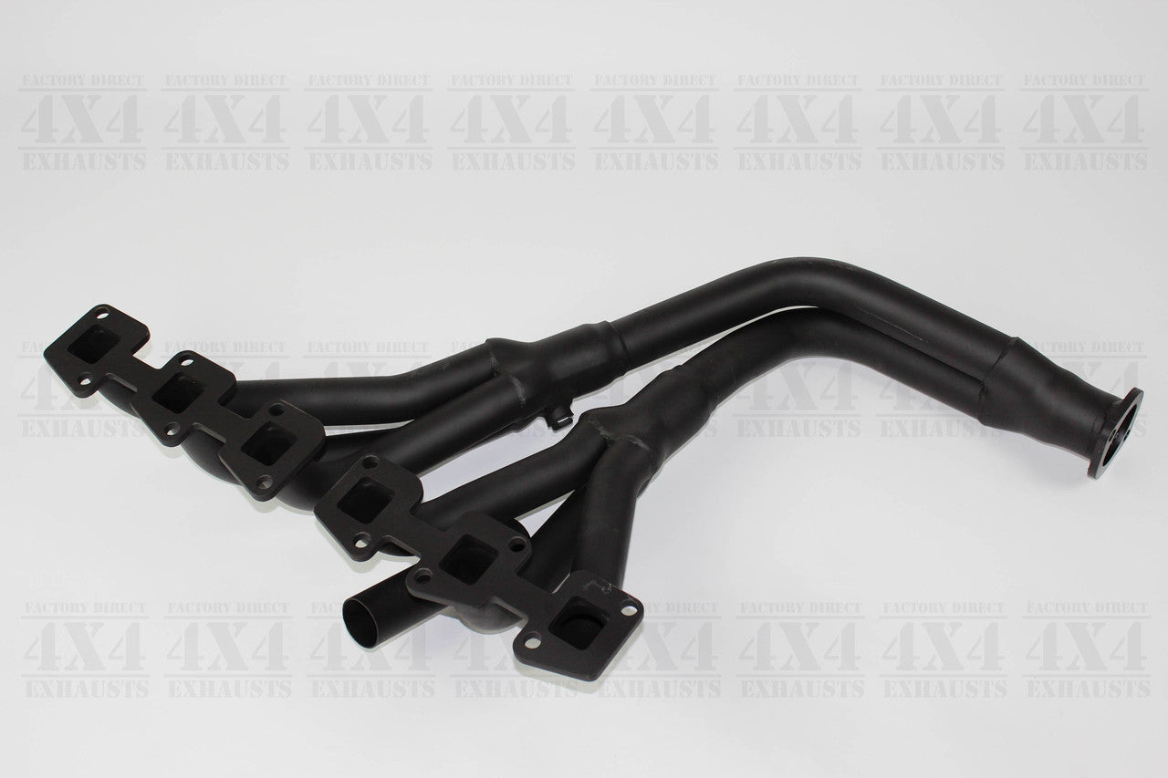 Images of a 2.5" mild steel extractors designed for a GU Y61 Nissan Patrol Wagon 4.5L Petrol engine displayed against a transparent background. SKU OE5413-S