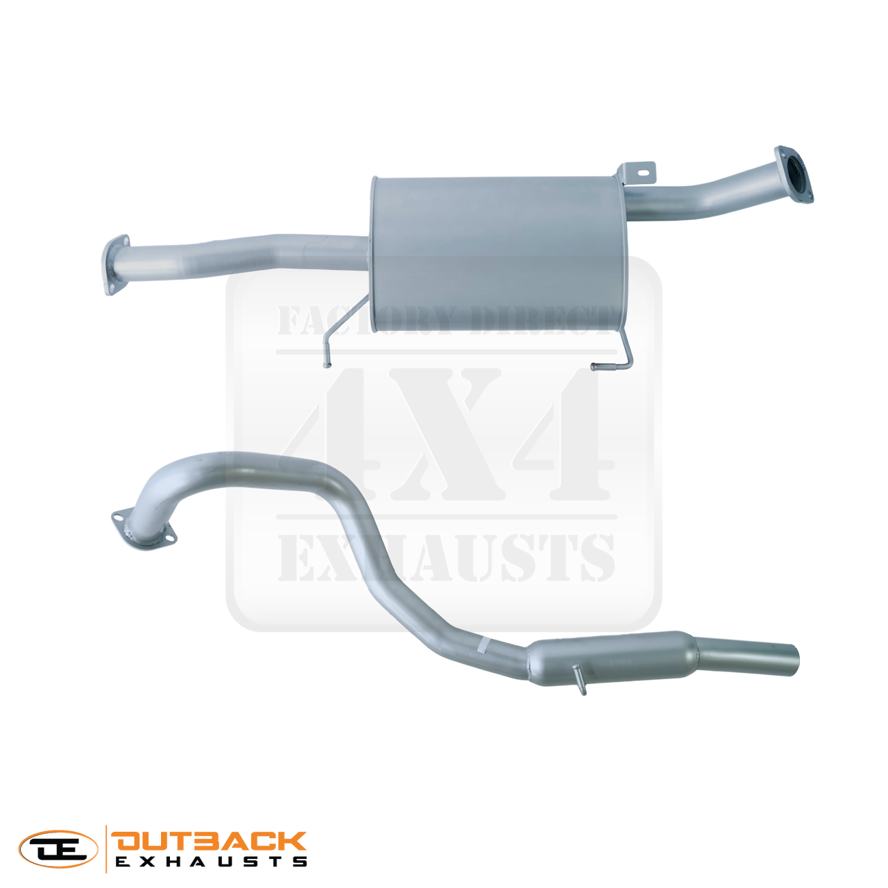 Images of a 2.5" inch Outback Exhausts cat back system designed for a GU Y61 Nissan Patrol Wagon 4.8L Petrol engine. The system features mandrel bent 409 Stainless Steel pipes and muffler displayed against a transparent background. Outback Exhausts logo is positioned in the bottom left corner. SKU OE5415-A