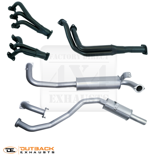 Image of a 2.5 inch Outback Exhausts system with Extractors designed for 80 Series Toyota Landcruiser Wagon FZJ80 4.5L Petrol engine. The system features mandrel bent 409 stainless steel pipes, a muffler, and mild steel extractors, displayed on a transparent background with Outback Exhausts logo positioned in the bottom left corner. SKU OE4430-S