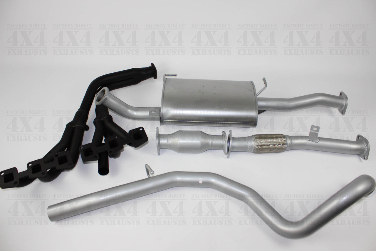 Images of a 2.5" Outback Exhausts system designed for a GU Y61 Nissan Patrol Wagon 4.8L Petrol engine. The system features mandrel bent 409 Stainless Steel pipes, a muffler, and mild steel extractors displayed against a transparent background. Outback Exhausts logo is positioned in the bottom left corner. SKU OE5414-E.