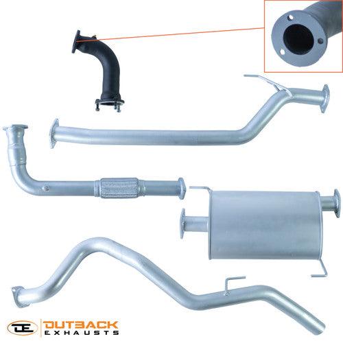 Images of a 2.5" Outback Exhausts  Turbo Back system designed for a GWM Great Wall Cannon V200 2 Door Tray back Ute. The system features mandrel bent 409 Stainless Steel dump, engine and tail pipes along with a muffler displayed against a transparent background. Outback Exhausts logo is positioned in the bottom left corner.  SKU OE1493-A