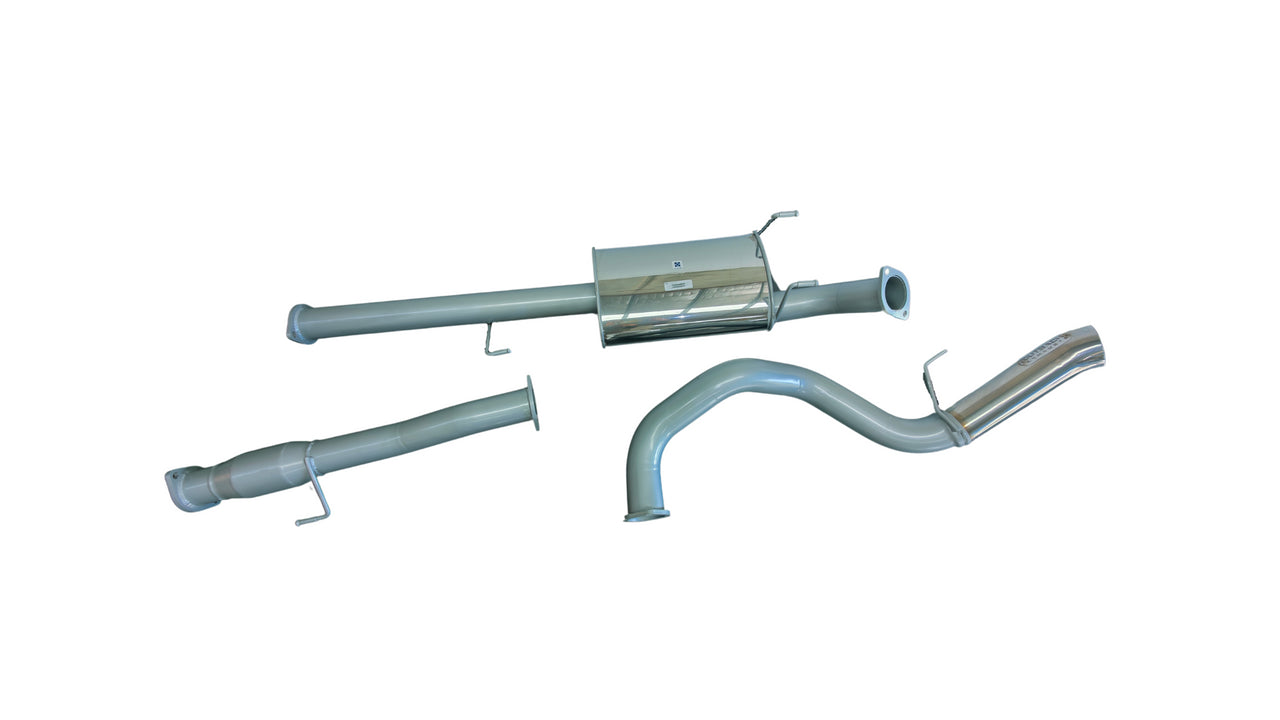 Image of a 3-inch Outback Exhausts GWM Tank 300 2L Turbo Petrol Engine. The system features mandrel-bent 409 stainless steel pipes with welded flanges at both ends and mounting brackets. One of the pipes includes a muffler. The system is displayed against a transparent background . SKU OE1491-S.