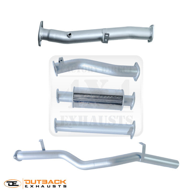 Image of a 3-inch Outback Exhaust DPF back system designed for 79 Series Toyota Landcruiser Single/Double Cab 4.5L V8 Turbo Diesel Engine. The system features mandrel bent 409 stainless steel pipes and a Muffler displayed on a transparent background. Outback Exhausts logo is positioned in the bottom left corner. SKU: OE4665-S.