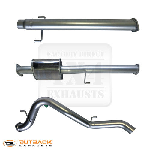 Image of a 3-inch Outback Exhaust DPF back system designed for LDV T60 2.0L Bi-Turbo engine. The system features mandrel bent 409 stainless steel pipes and a resonator displayed on a transparent background. Outback Exhausts logo is positioned in the bottom left corner. SKU: OE1614-S.