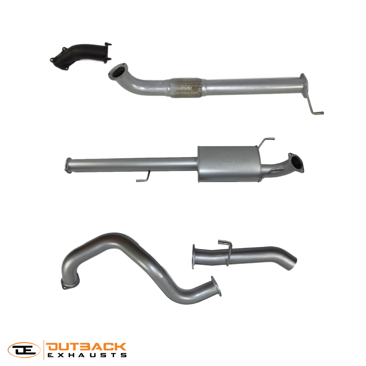 Image of a 3 inch Outback Exhausts DPF back system designed for a Toyota Prado120 1KZJ120 3.0L 1KZ-TE Engine Wagon 4CYL Turbo Diesel. The system features mandrel-bent 409 stainless steel pipes with welded flanges at both ends and mounting brackets. One of the pipe includes a muffler. The system is displayed against a transparent background with Outback Exhausts logo positioned in the bottom left corner. SKU OE4679-S.