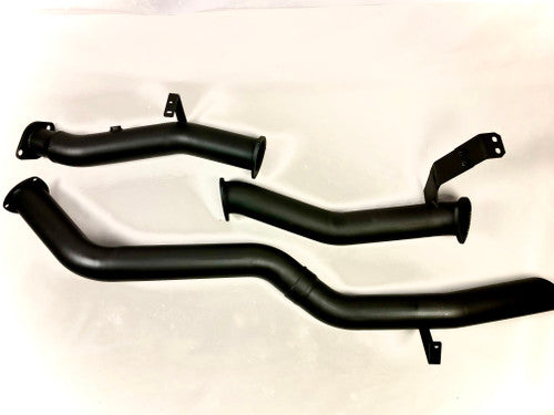 Image of a 3.5 inch Outback Exhausts DPF back system designed for a 76 Series Toyota Landcruiser 4.5L V8 Turbo Diesel Wagon. The system features mandrel-bent 409 stainless steel pipes with welded flanges at both ends and mounting brackets. It is displayed against a transparent background. SKU OE4666-S35.