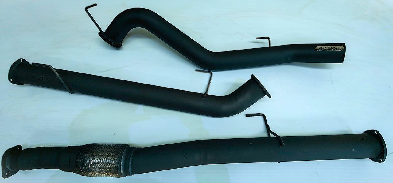 Image of a 3.5 inch Outback Exhausts DPF back system designed for a Isuzu MU-X 3L 4JJ1 Turbo Diesel Engine. The system features mandrel bent 409 Stainless Steel pipes displayed against a transparent background . SKU OE1694-S35.