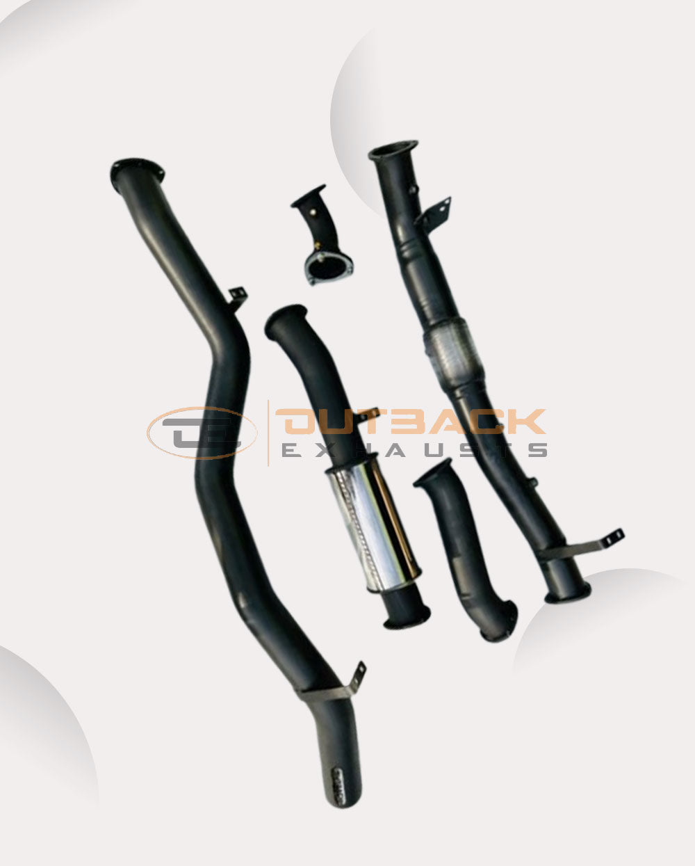 Image of a 3.5 inch Outback Exhausts Turbo back system designed for a 79 Series Toyota Landcruiser Double Cab 4.5L V8 Turbo Diesel Engine. The system features mandrel bent 409 Stainless Steel pipes and muffler displayed against a transparent background with watermarked Outback Exhaust logo in the centre. SKU OE4657-S