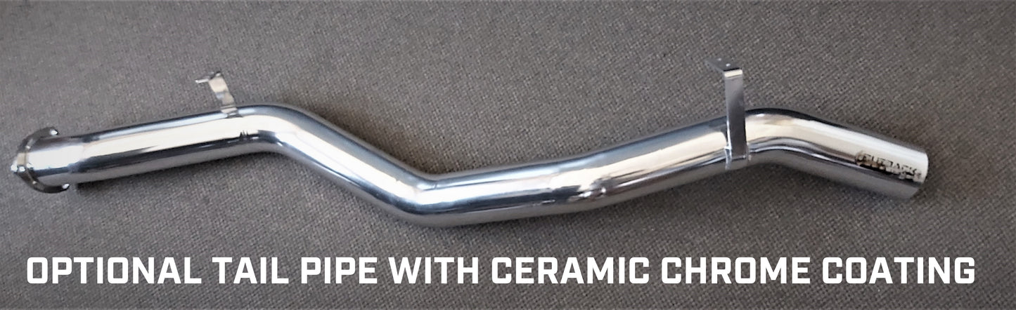 Image of a 3.5 inch Cerra Chrome coated mandrel-bent 409 stainless steel Tail pipe for a 79 Series Toyota Landcruiser Double Cab 4.5L V8 Turbo Diesel Engine. The system features mandrel-bent 409 stainless steel tail pipe with welded flanges at one end and mounting brackets.