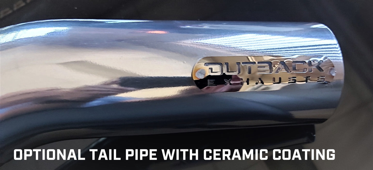 Image of a 3.5 inch Cerra Chrome coated mandrel-bent 409 stainless steel Tail pipe for a 79 Series Toyota Landcruiser Double Cab 4.5L V8 Turbo Diesel Engine. The Tail pipe features the Outback Exhausts logo.