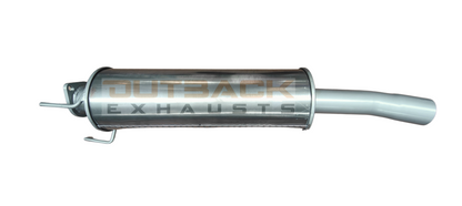 Outback Exhausts 409 stainless steel  muffler section with welded flanges and dual hanger mounts. Features a polished body with the Outback Exhausts logo watermarked on the image, and an outlet pipe designed for optimal underbody clearance and sound tuning.