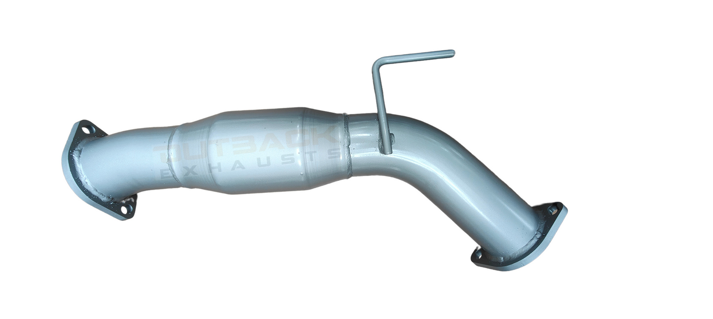 Image of a 3" Outback Exhausts coated 409 stainless steel engine pipe for an Isuzu DMAX 3L. The pipe features a mandrel-bent design with an integrated Catalytic Converter for emissions compliance and a welded hanger for secure fitment. Both ends have laser-cut 2-bolt flanges for precise bolt-on installation. The Outback Exhausts logo is watermarked in the center of the image.