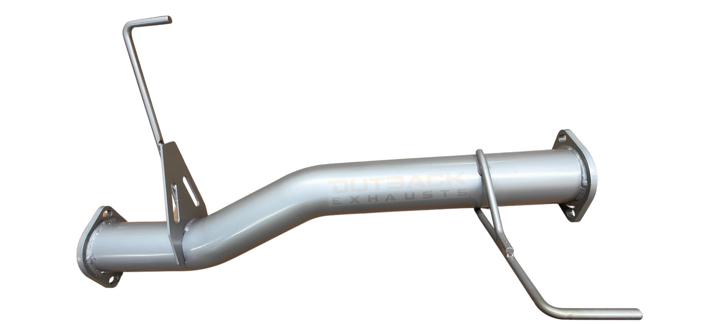 Image of a 3" Outback Exhausts 409 stainless steel performance muffler delete section designed to suit an Isuzu DMAX 3L. The mandrel-bent pipe features a polished body with the Outback Exhausts logo watermarked in the centre, minimal welds, and two hanger mounts. Both ends include laser-cut 2-bolt flanges for easy, precise bolt-on installation.