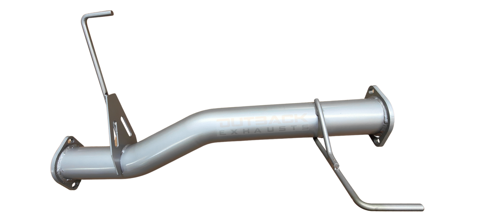 Image of a 3" Outback Exhausts 409 stainless steel performance muffler delete section designed to suit an Isuzu DMAX 3L. The mandrel-bent pipe features a polished body with the Outback Exhausts logo watermarked in the centre, minimal welds, and two hanger mounts. Both ends include laser-cut 2-bolt flanges for easy, precise bolt-on installation.